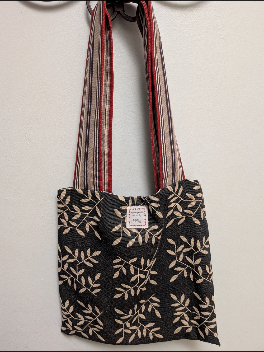 Monica Lewinsky Khaki & Cream Leaf-Print Tote Bag with Striped Handles